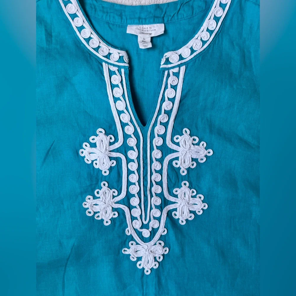Charter Club Luxury Linen Embroidered Teal Sleeveless Top Women Size Large - Picture 5 of 8
